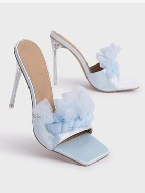Lemonade Light Blue Tulle Floral Mule Heels - Women